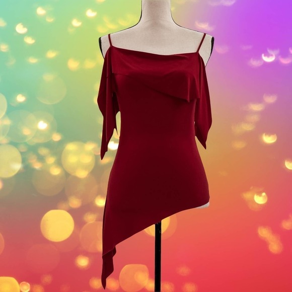 WEATHER Vane Solid Red Asymmetrical Cold Shoulder 3/4 Sleeve Tunic Blouse - Picture 11 of 12